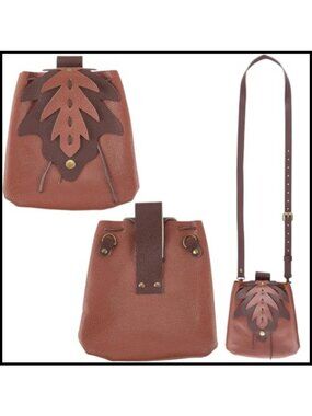 Medieval Leaf PU Leather Drawstring Crossbody Belt Pouch Ren Faire LARP Costume